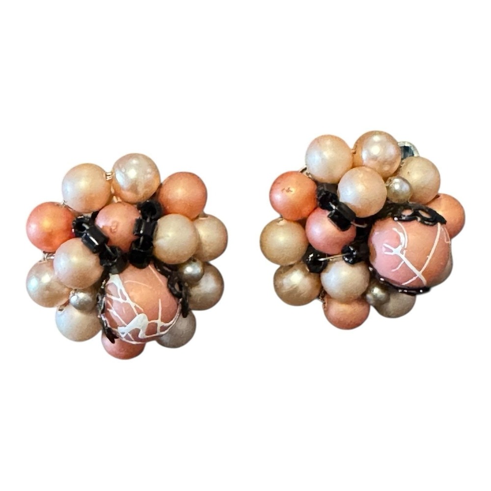 Vintage Beaded Cluster Flower Clip On Earrings Faux Pearl Rockabilly Pinup Japan